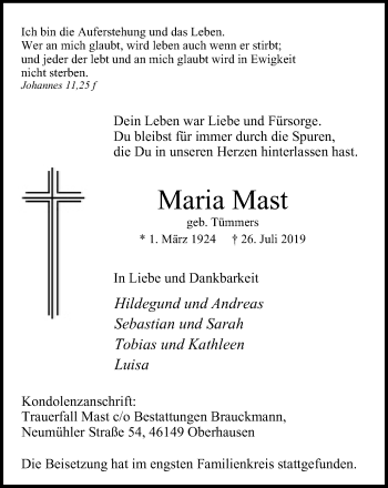 Traueranzeige von Maria Mast von Wochen-Anzeiger Oberhausen
