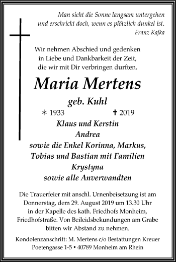 Traueranzeige von Maria Mertens von Wochen-Anzeiger Langenfeld/Monheim/Hilden