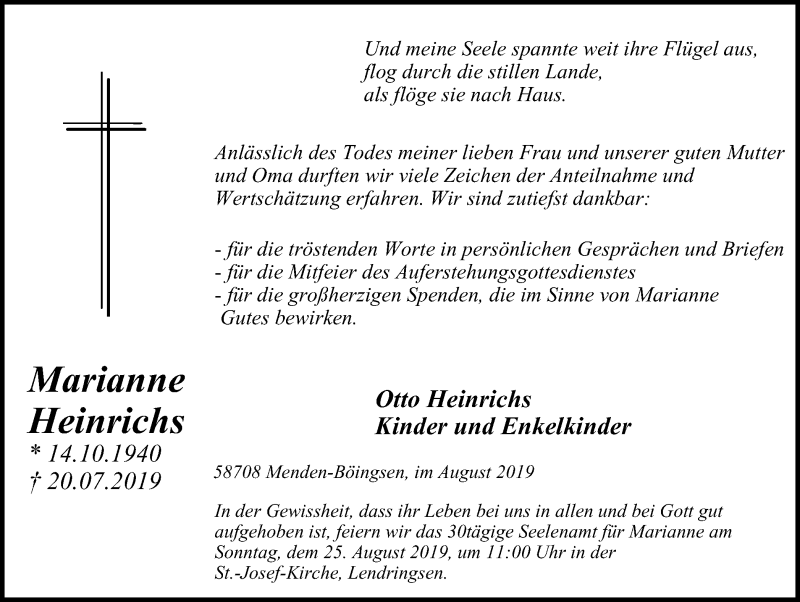  Traueranzeige für Marianne Heinrichs vom 17.08.2019 aus Stadtspiegel Menden + Froendenberg