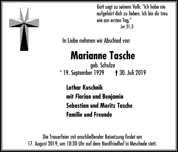 Traueranzeige von Marianne Tasche von Stadtspiegel Gladbeck