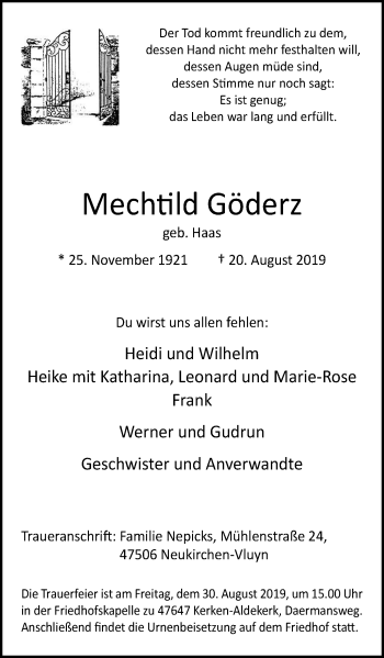Traueranzeige von Mechtild Göderz von Wochen-Magazin Moers + Kamp-L. + Neuk-Vluyn