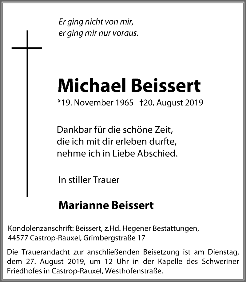  Traueranzeige für Michael Beissert vom 24.08.2019 aus Stadtanz.Castrop-Rauxel