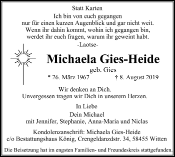 Traueranzeige von Michaela Gies-Heide von Witten aktuell