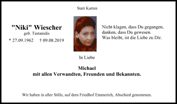 Traueranzeige von Niki Wiescher von Stadtanzeiger Emmerich/Rees/Isselburg