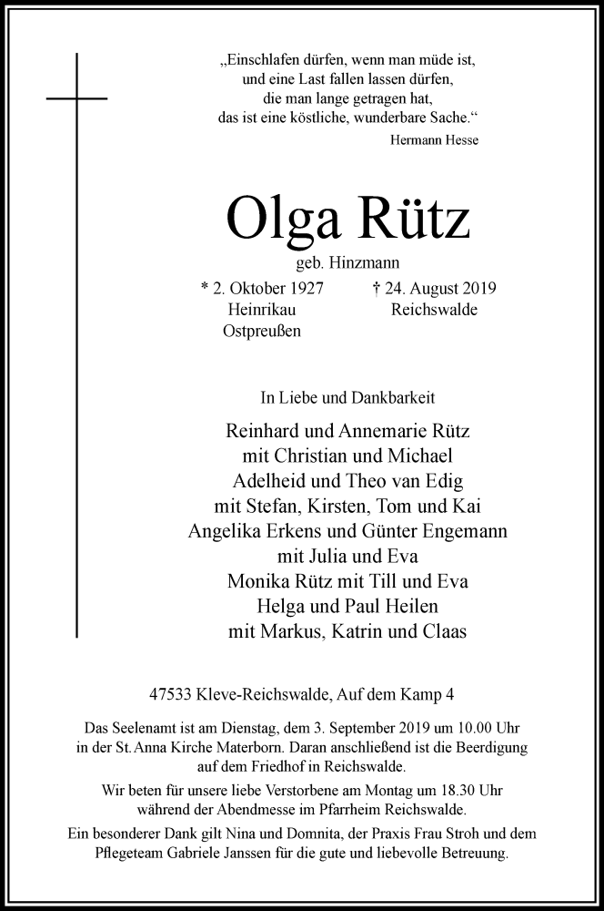  Traueranzeige für Olga Rütz vom 28.08.2019 aus Klever Wochenblatt