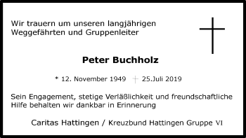Traueranzeige von Peter Buchholz von Stadtspiegel Hattingen/Niedersprockhövel