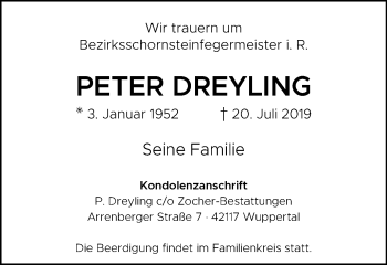 Traueranzeige von Peter Dreyling von Stadtanzeiger Velbert + Heiligenhaus