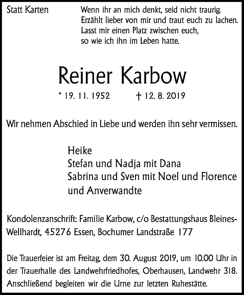  Traueranzeige für Reiner Karbow vom 24.08.2019 aus Wochen-Anzeiger Oberhausen