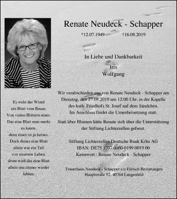 Traueranzeige von Renate Neudeck-Schapper von Wochen-Anzeiger Langenfeld/Monheim/Hilden