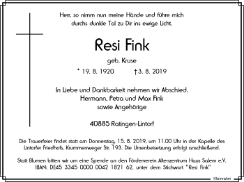 Traueranzeige von Resi Fink von WVW Anzeigenblätter