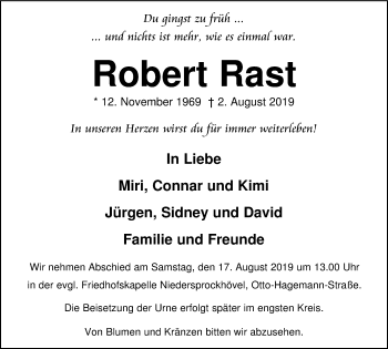 Traueranzeige von Robert Rast von Stadtspiegel Hattingen/Niedersprockhövel