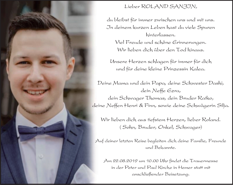  Traueranzeige für Roland Sanjin vom 21.08.2019 aus Stadtspiegel Menden+Fröndenberg+Iserlohn/Hemer