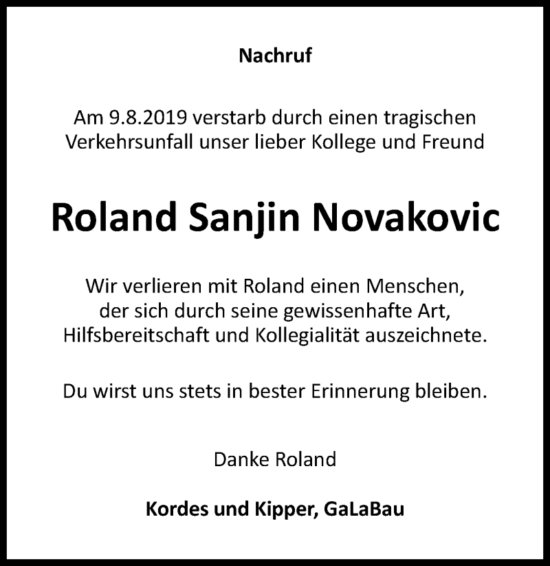  Traueranzeige für Roland Sanjin Novakovic vom 28.08.2019 aus Stadtspiegel Menden+Fröndenberg+Iserlohn/Hemer