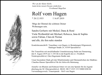 Traueranzeige von Rolf vom Hagen von Stadtspiegel Hattingen/Niedersprockhövel