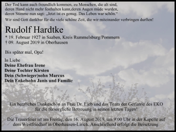 Traueranzeige von Rudolf Hardtke von Wochen-Anzeiger Oberhausen