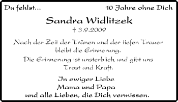Traueranzeige von Sandra Widlitzek von Stadtspiegel Gladbeck