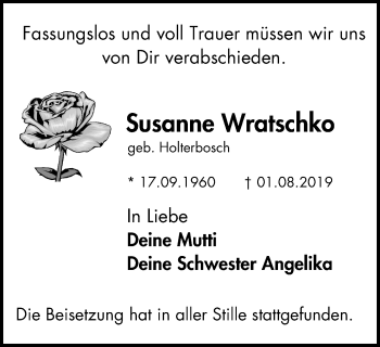 Traueranzeige von Susanne Wratschko von Wochen-Anzeiger Oberhausen