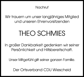 Traueranzeige von Theo Schmies von Wochen-Anzeiger Langenfeld/Monheim/Hilden