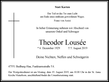 Traueranzeige von Theodor Lousée von Klever Wochenblatt
