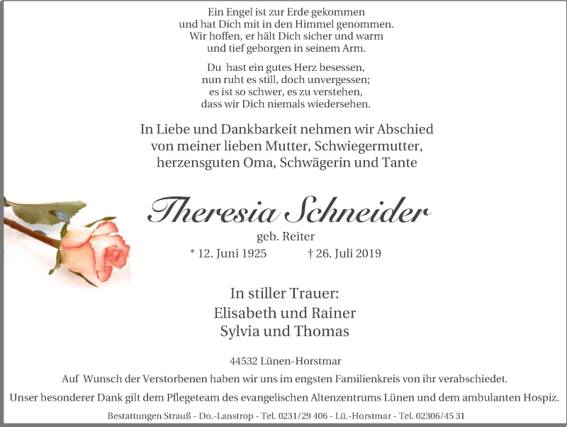  Traueranzeige für Theresia Schneider vom 03.08.2019 aus Lüner Anzeiger