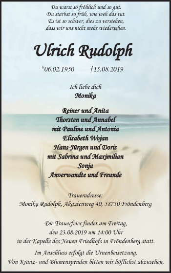 Traueranzeige von Ulrich Rudolph von Stadtspiegel Menden + Froendenberg
