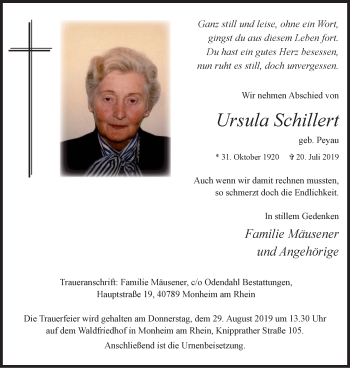 Traueranzeige von Ursula Schillert von Wochen-Anzeiger Langenfeld/Monheim/Hilden