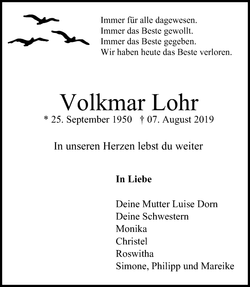  Traueranzeige für Volkmar Lohr vom 10.08.2019 aus Stadtanz.Castrop-Rauxel