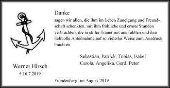 Traueranzeige von Werner Hirsch von Stadtspiegel Menden + Froendenberg