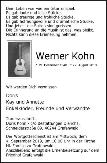 Traueranzeige von Werner Kohn von Stadtspiegel Bottrop