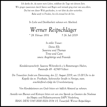 Traueranzeige von Werner Reipschläger von Stadtanzeiger Velbert + Heiligenhaus