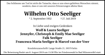 Traueranzeige von Wilhelm Otto Seeliger von Lüner Anzeiger