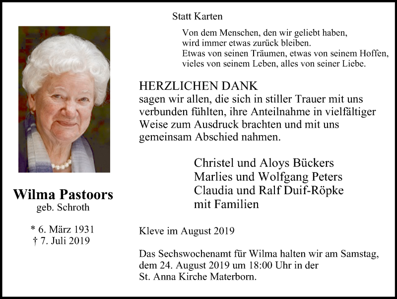  Traueranzeige für Wilma Pastoors vom 17.08.2019 aus Klever Wochenblatt