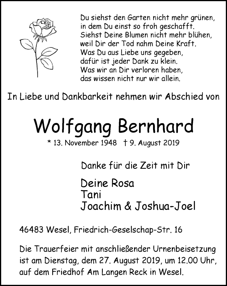  Traueranzeige für Wolfgang Bernhard vom 14.08.2019 aus Der Weseler + Der Xantener