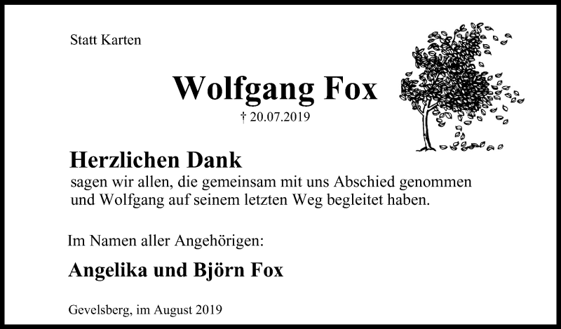  Traueranzeige für Wolfgang Fox vom 24.08.2019 aus wap Schwelm/Gevelsberg/Ennepetal