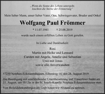 Traueranzeige von Wolfgang Paul Frömmer von Wochen-Anzeiger Langenfeld/Monheim/Hilden