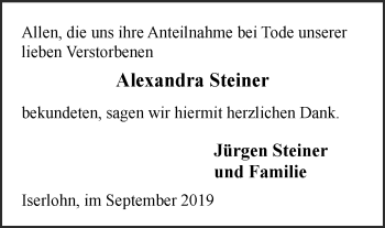 Traueranzeige von Alexandra Steiner von Stadtspiegel Iserlohn + Hemer