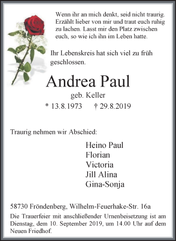 Traueranzeige von Andrea Paul von Stadtspiegel Menden + Froendenberg