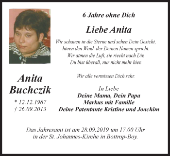 Traueranzeige von Anita Buchczik von Stadtspiegel Bottrop
