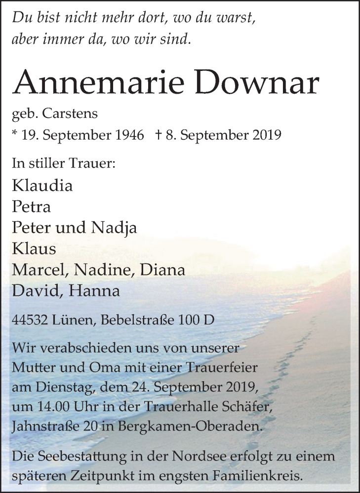  Traueranzeige für Annemarie Downar vom 14.09.2019 aus Lüner Anzeiger