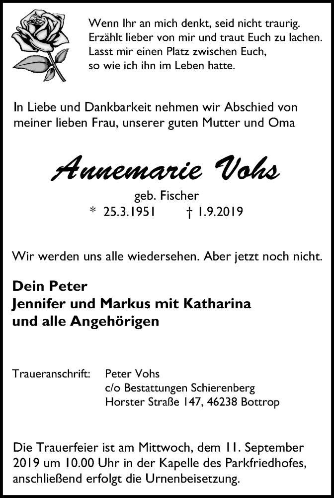  Traueranzeige für Annemarie Vohs vom 07.09.2019 aus Stadtspiegel Bottrop