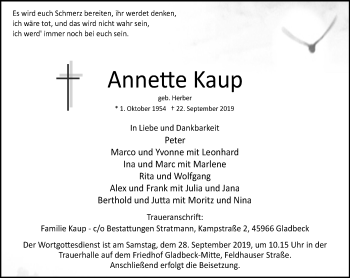 Traueranzeige von Annette Kaup von Stadtspiegel Gladbeck