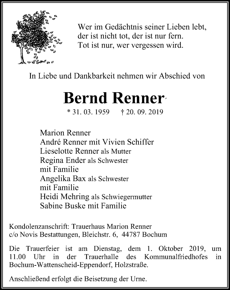  Traueranzeige für Bernd Renner vom 28.09.2019 aus Stadtspiegel Wattenscheid
