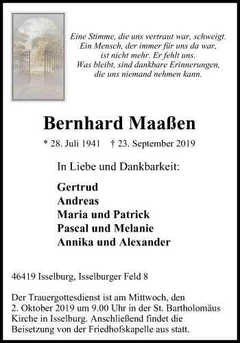 Traueranzeige von Bernhard Maaßen von Stadtanzeiger Emmerich/Rees/Isselburg