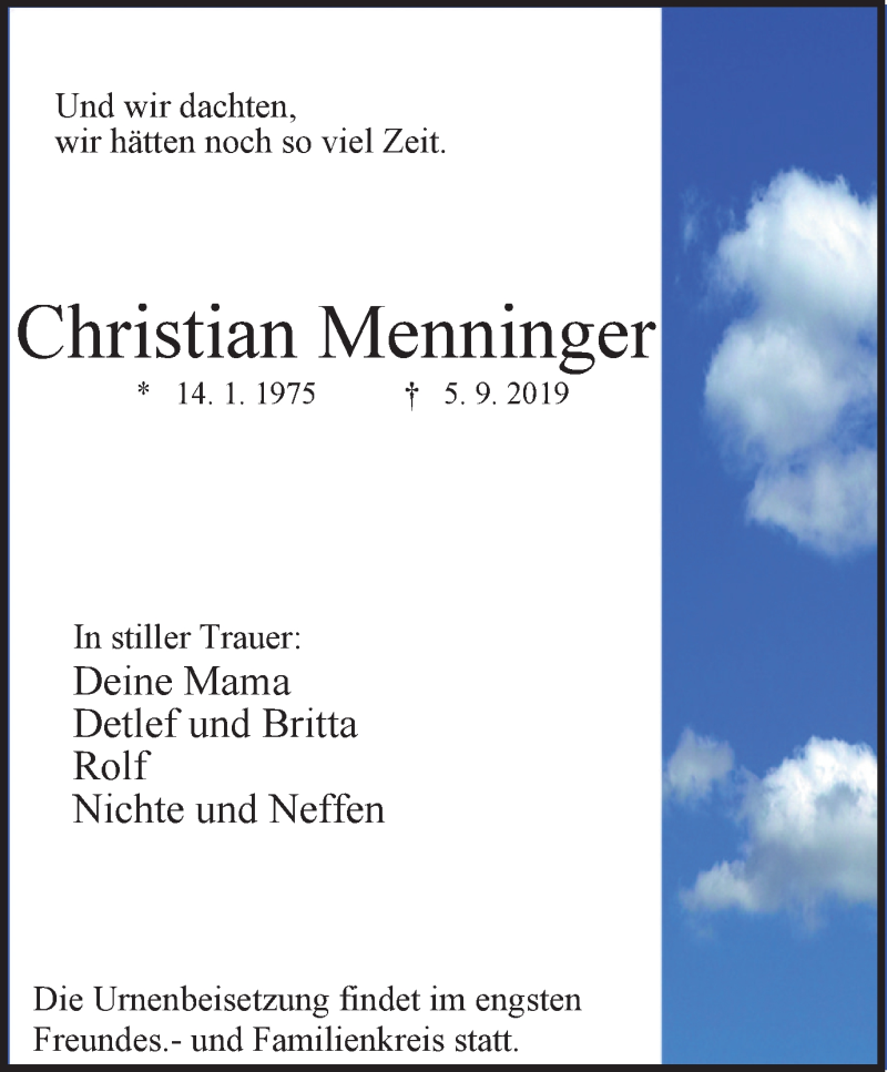  Traueranzeige für Christian Menninger vom 18.09.2019 aus Stadtspiegel Bottrop