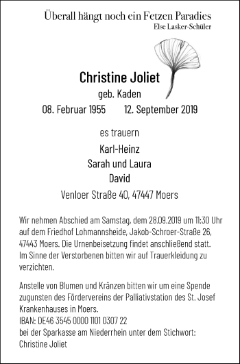 Traueranzeige von Christine Joliet von WVW Anzeigenblätter
