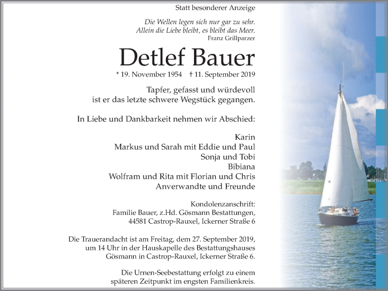  Traueranzeige für Detlef Bauer vom 18.09.2019 aus Stadtanz.Castrop-Rauxel