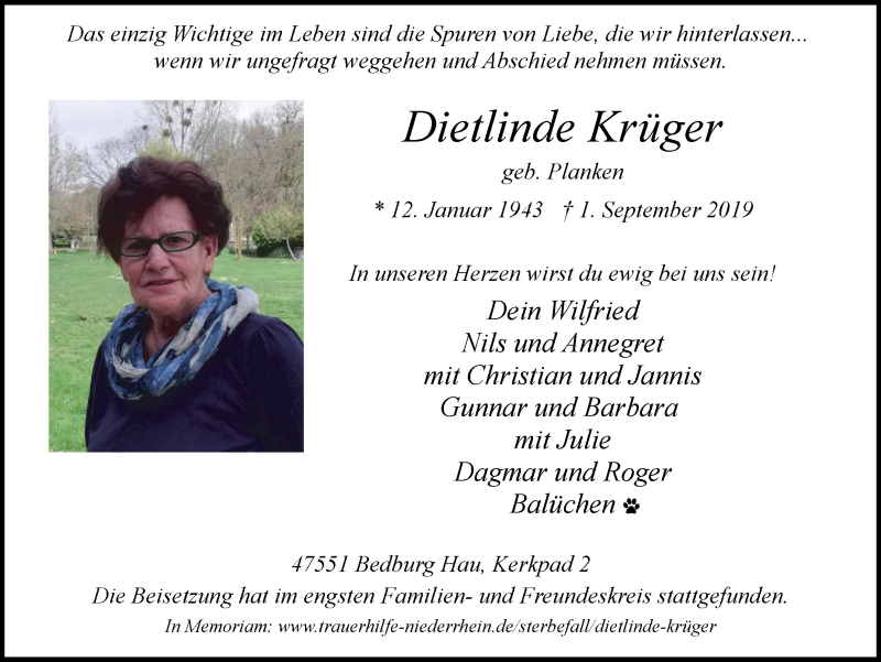  Traueranzeige für Dietlinde Krüger vom 14.09.2019 aus Klever Wochenblatt