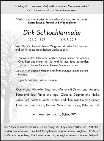 Traueranzeige von Dirk Schlochtermeier von WVW Anzeigenblätter