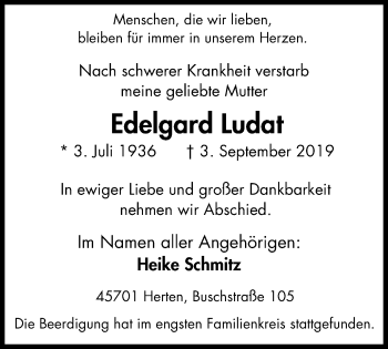 Traueranzeige von Edelgard Ludat von Stadtspiegel Gelsenkirchen