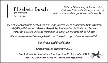 Traueranzeige von Elisabeth Busch von Wochen-Anzeiger Oberhausen
